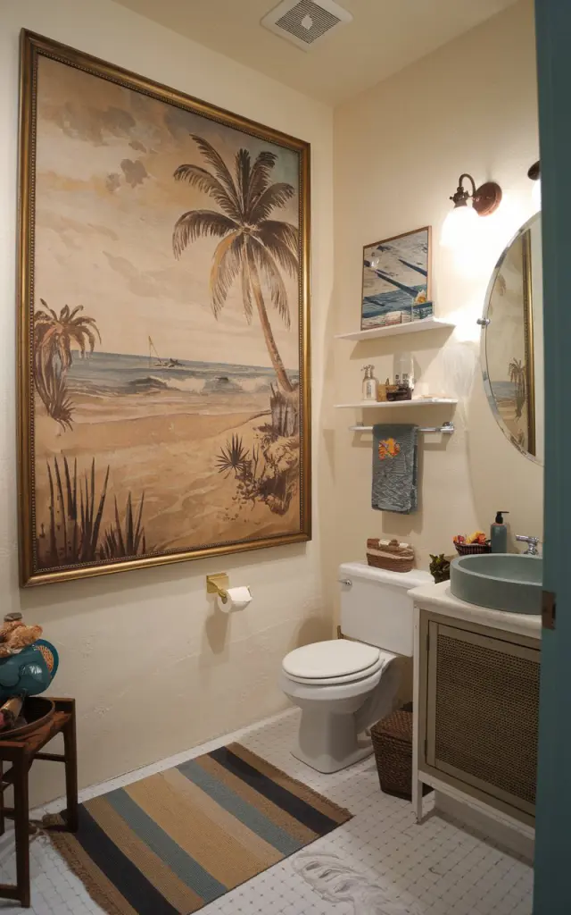 A photo of a Palm Beach style bathroom with a large framed vintage beach scene hung on a wall. The bathroom has essential items such as a toilet, a sink, and a mirror. There's a rug on the floor and a few decorative items on a shelf. The room has a warm and inviting ambiance.