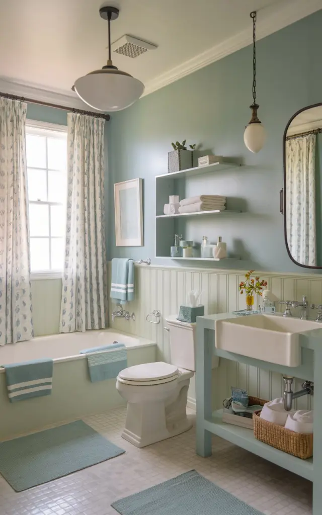 A photo of a Palm Beach style bathroom with walls in a mix of soft blue and gentle green color. The bathroom has a toilet, sink, bathtub, and a hanging pendant light. There is an open shelf with essentials, such as towels and toiletries. The bathroom has a window with complementing curtains, a floor rug, and a mat near the bathtub. The natural light is filtered and soft.