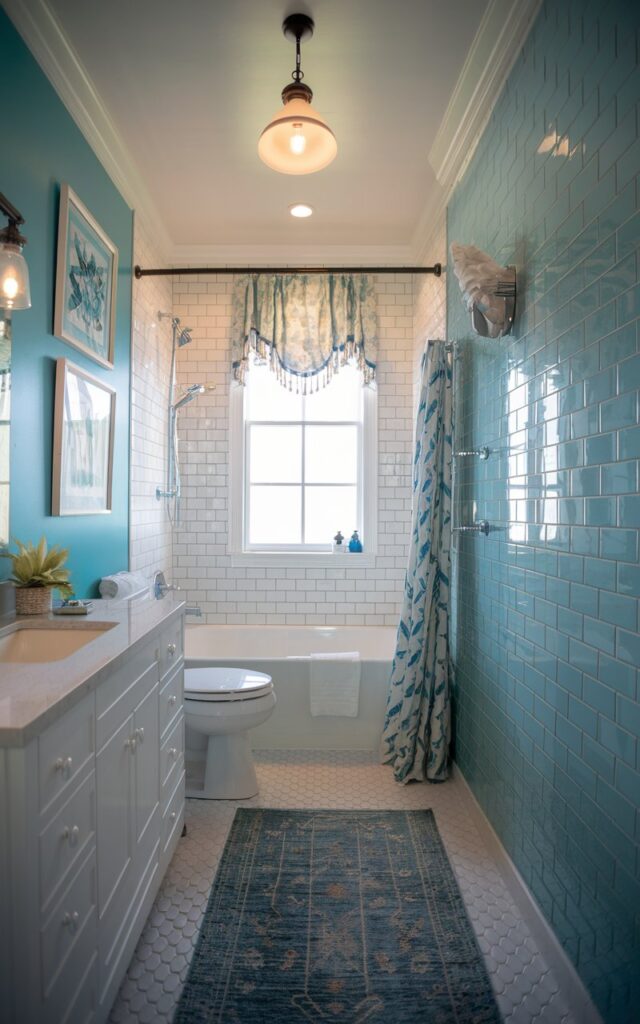 A photo of a Palm Beach style full bathroom with a high-gloss aqua-blue tiled wall on one side. The bathroom is fully furnished and well decorated, with a white vanity, a white toilet, a white tub, and a white shower. The walls have framed coastal-themed art, the floor has a rug, the ceiling has a pendant light (light on), and a curtained window. The natural light is soft and ambient, casting a warm glow over the space.