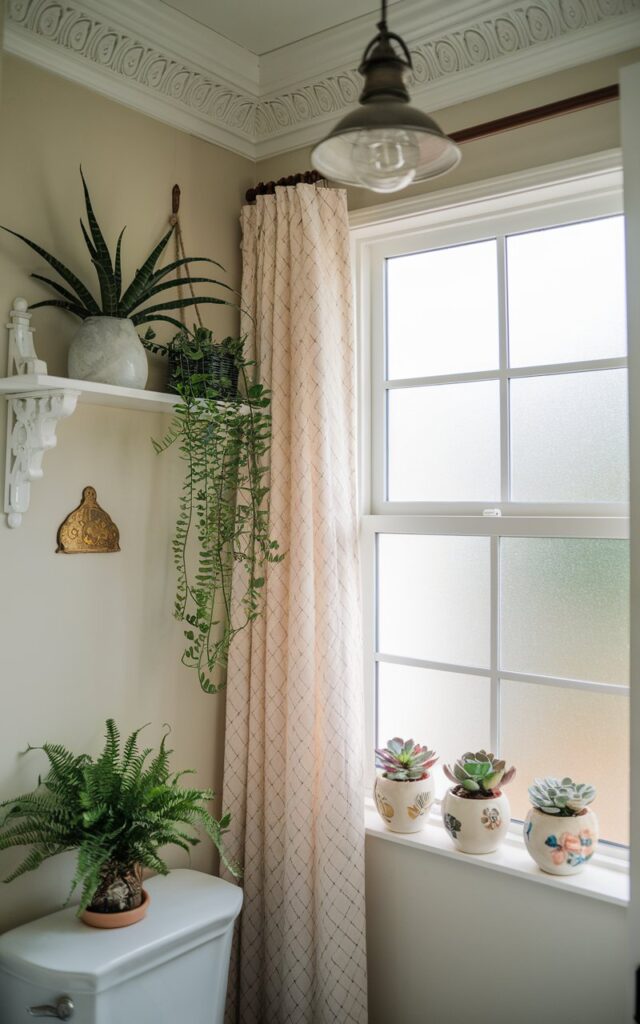 A photo of a Palm Beach style half bathroom with a few plants. There is a hanging plant on a shelf, a small fern on top of the toilet tank, and small ceramic designer potted succulents on a curtained windowsill. The bathroom is fully furnished, with a detailed ceiling and a pendant light. The natural light is soft and filtered.