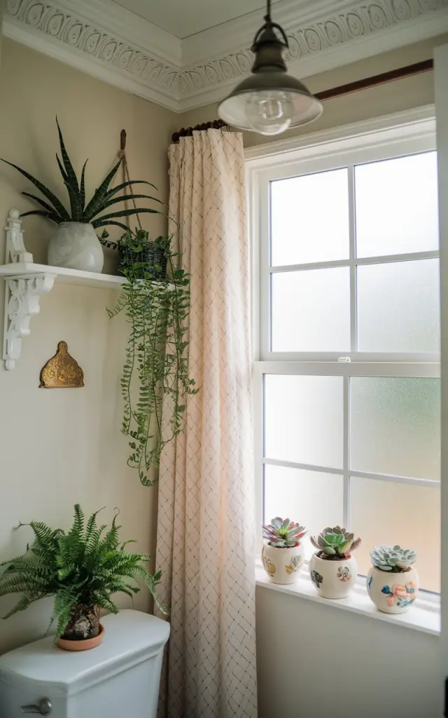 A photo of a Palm Beach style half bathroom with a few plants. There is a hanging plant on a shelf, a small fern on top of the toilet tank, and small ceramic designer potted succulents on a curtained windowsill. The bathroom is fully furnished, with a detailed ceiling and a pendant light. The natural light is soft and filtered.