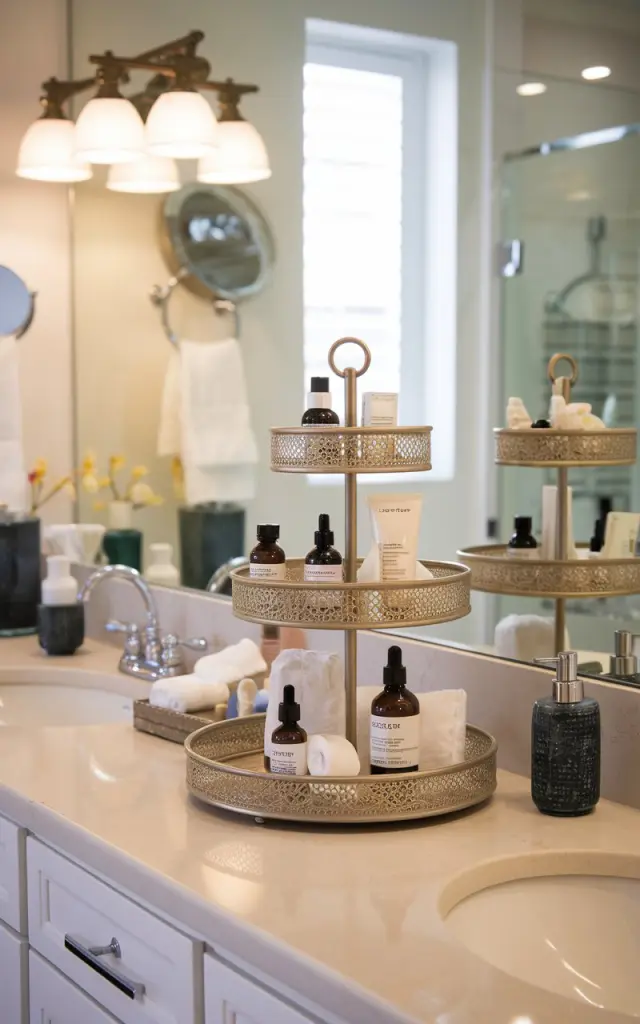A photo of a Palm Beach glam-style bathroom with a counter featuring a tiered stand filled with skincare products and oil. There is a mini spa-like ambiance, with the counter also holding decor and essential items. The bathroom has functional elements, such as a sink, mirror, and lighting.