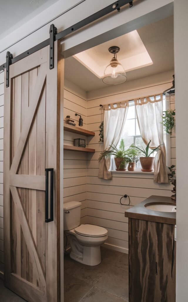 A photo of a rustic + chic half bathroom with a stylish sliding barn door. The bathroom is fully furnished with a toilet, a vanity with a sink, and a wall-mounted shelf. There is a recessed ceiling with a pendant light. The walls have shiplap texture. There are potted plants on a curtained window, adding a touch of greenery. The space is warm and inviting.