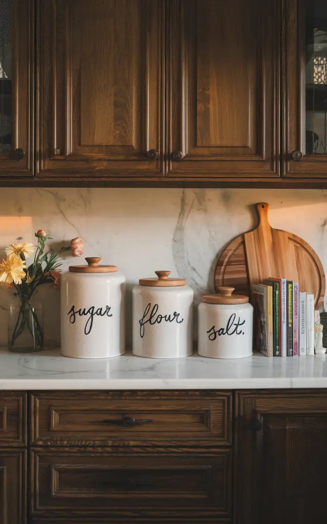 A photo of a Scandi kitchen with dark honey oak cabinets and a marble countertop. On the countertop, there are three designer stoneware canisters with handwritten black labels that say "sugar," "flour," and "salt." Each canister has a wooden lid. There is also a wooden cutting board, a flower vase, and some cookbooks on the countertop. The room has golden hour lighting.