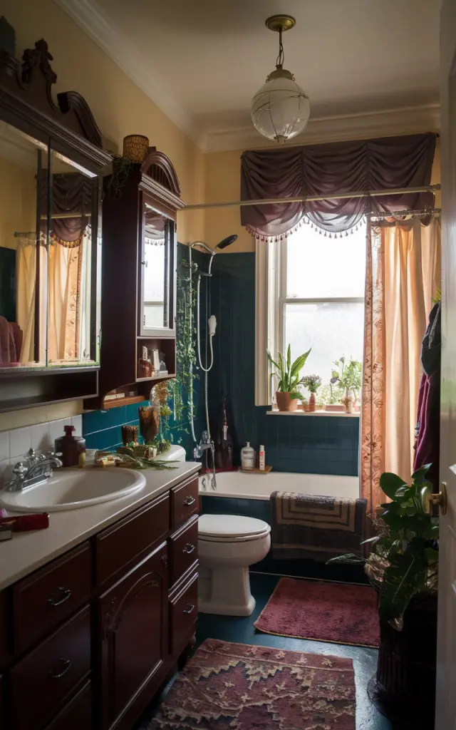 A Victorian style bathroom with jewel tones. There is a mirror cabinet over the sink. The bathroom has a toilet, a ceiling pendant light, a bathtub, a curtained window, a rug, and plants. The space looks warm and inviting.