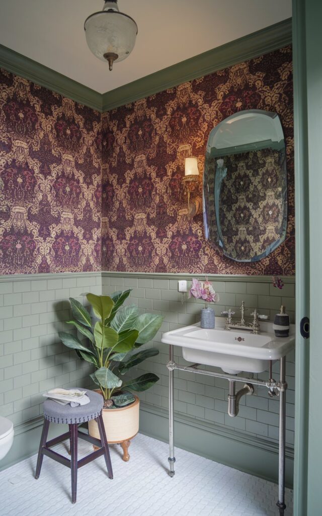A photo of a Victorian-style half bathroom with bold, patterned, jewel-tone wallpaper on one side of the wall. The half bathroom is fully furnished with essentials, including a vintage sink, a stool, and a potted plant. The ceiling has a vintage pendant light. The natural light is soft and ambient.