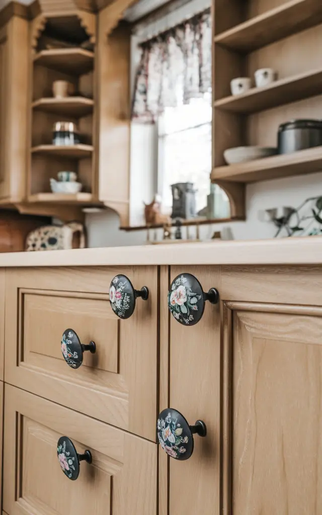 A photo of a Victorian style kitchen with honey oak cabinets (rift cut) and matte black porcelain knobs with floral designs. The cabinets have multiple shelves and a few items are placed on them. A closer view of the cabinet with the floral knobs is shown. The background contains a small window with a curtain and a few other kitchen items.
