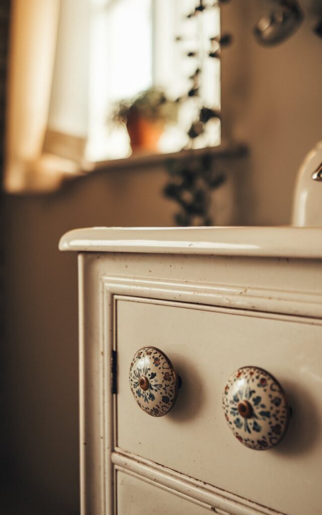 A photo of a vintage half bathroom with a porcelain vanity. The vanity has floral motif knobs. The background is blurred and contains a window with a curtain and a plant. The lighting is warm.