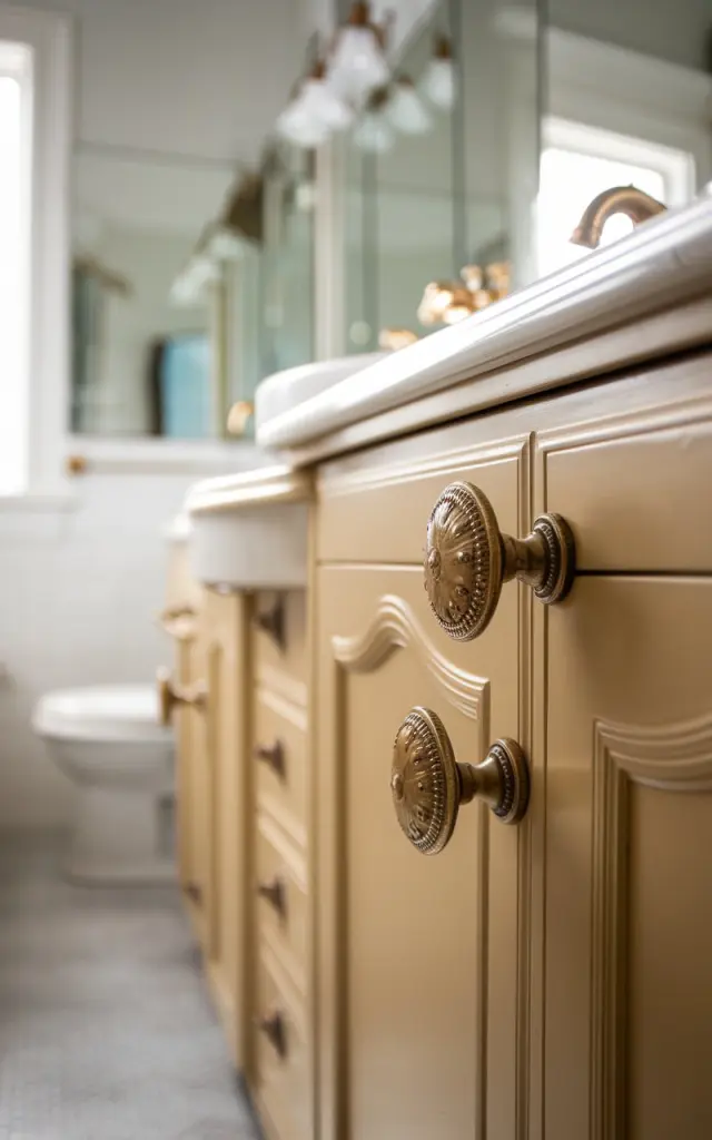 A photo of a vintage-style bathroom with a cabinet. The cabinet has vintage-style designer knobs in gold color. The bathroom has other functional elements such as a sink, a mirror, and a floor. The focus of the photo is the knobs on the cabinet. The background is blurred.