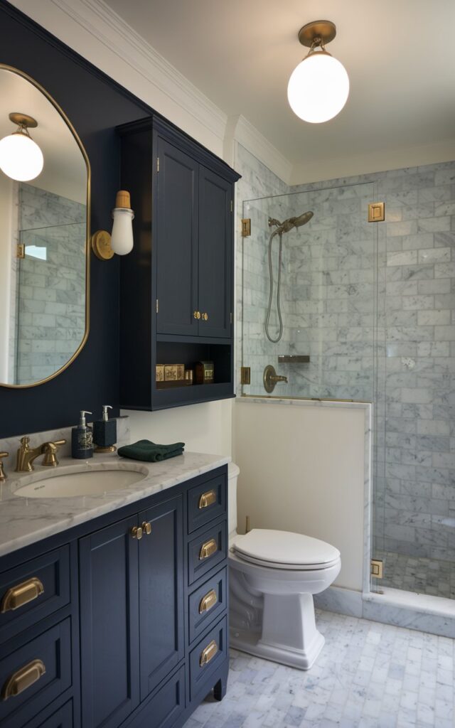 A bathroom in the Art Deco style has navy blue cabinetry with brass handles and a forest green touch on the essentials. The bathroom features a marble countertop. The bathroom is equipped with a toilet, a sink, and a separate corner shower area. The ceiling has a frosted globe pendant light that is turned on. There is no natural light.