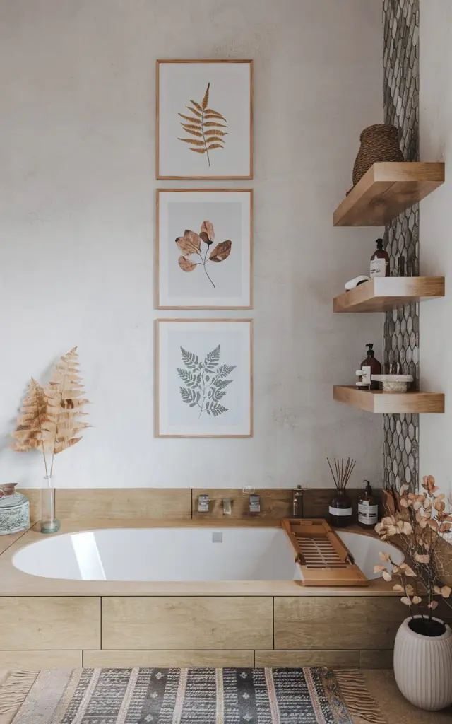 A photo of a Boho + Japandi bathroom with a bathtub. The wall has three vertically stacked photo frames with calming prints of leaves, ferns, or florals. The room has a wooden shelf above the bathtub, with a few items placed on it. The floor has a patterned rug. The room has wooden elements, including the shelf, bathtub, and some decorative items. The overall ambiance of the room is serene and spa-like.