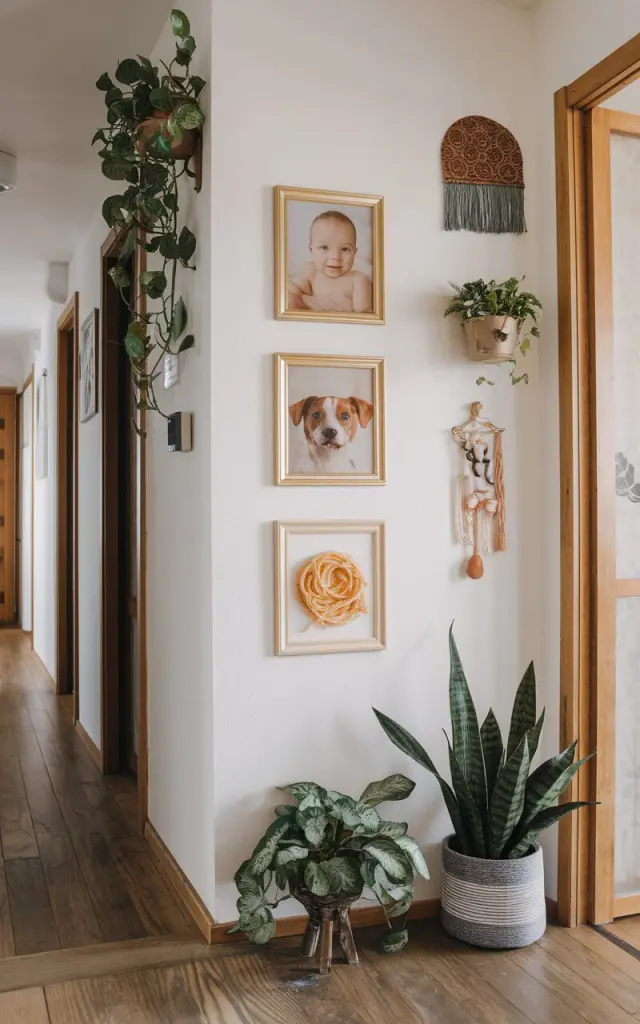 A beautifully designed Boho + Japandi hallway. Wall having three horizantally fixed photo frames with one having a sweet baby photo, second with a cute dog, and third one with a spaghetti-smeared face.