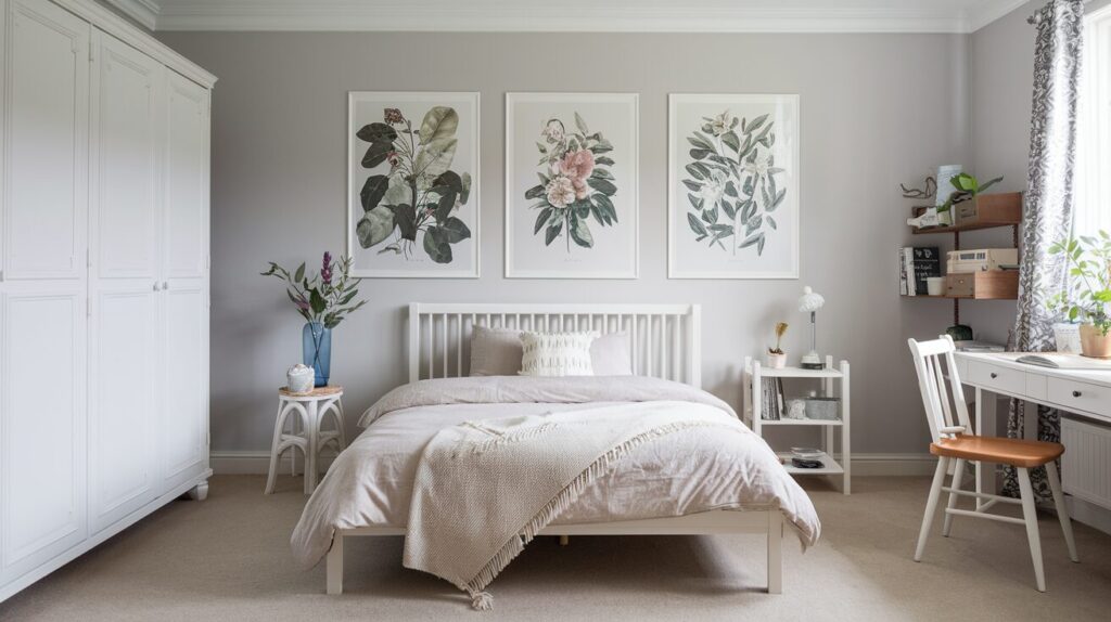 A photo of a beautifully designed contemporary Scandinavian bedroom with three botanical prints on the wall. The room has a white wooden bed frame with a beige blanket and a white pillow. There is a white wooden chair next to the bed. The room has a white wardrobe and a white desk. The floor is covered with beige carpet. The walls are painted in a light grey hue.