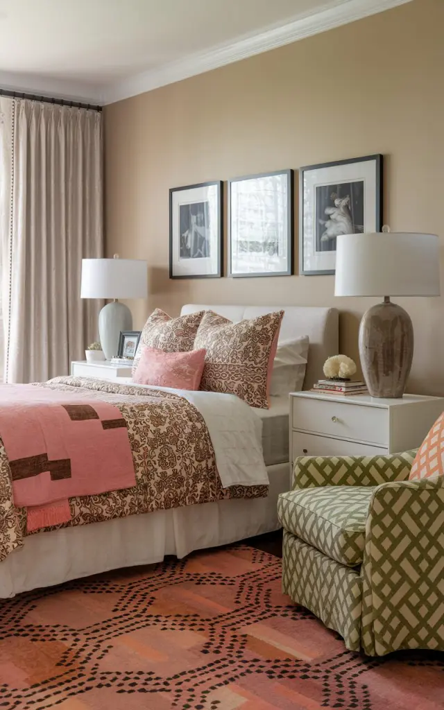 A photo of a Memphis-style bedroom with a beige wall, a pink and brown patterned bedspread, a pink and brown patterned throw pillow, a white lampshade, a white nightstand, a green and orange patterned chair, a beige curtain, and three black and white picture frames on the wall. The room has a pink and brown patterned rug.