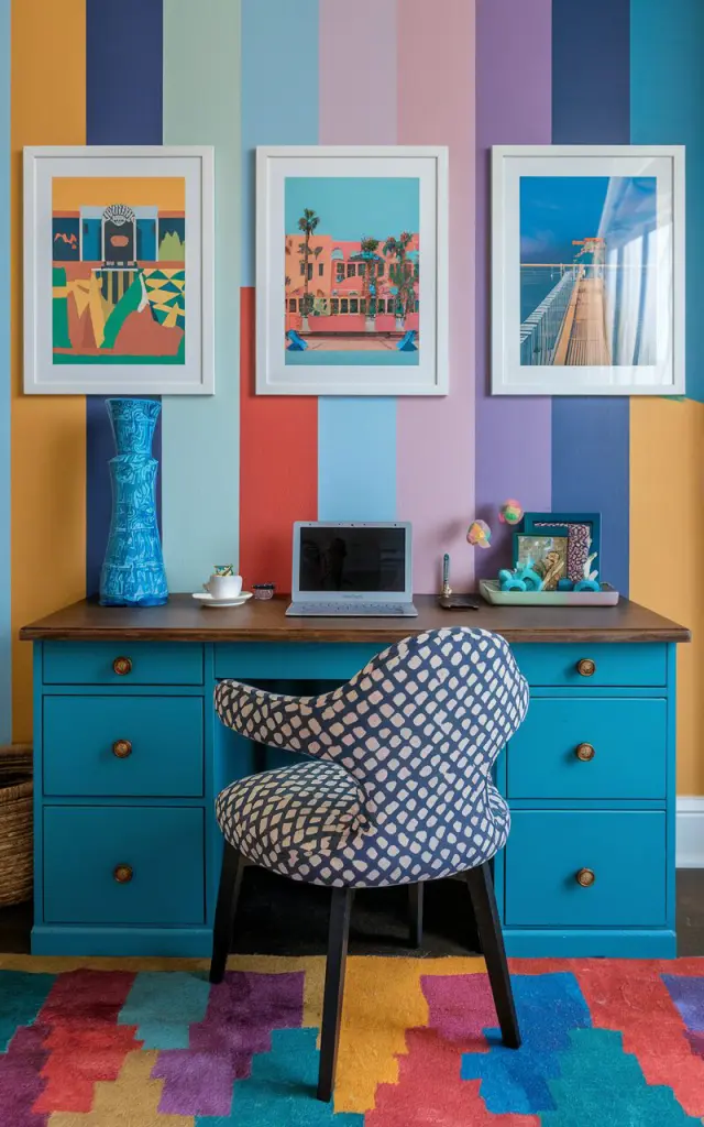 A photo of a Memphis style home office. There is a desk with a laptop and a few items. On the wall behind the desk, there are three photo frames with colorful prints from travel adventures. The room has a vibrant color palette with bold patterns and shapes.
