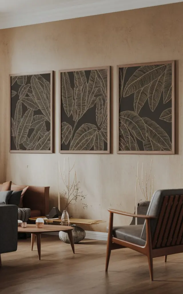 A beautifully designed Midcentury modern living room wall with just three picture frames of botanical prints