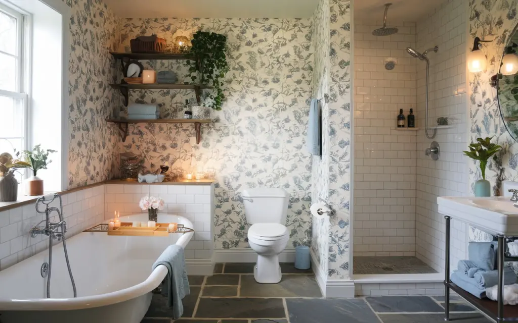 A photo of a budget-friendly English countryside bathroom with a floral wallpapered wall and a stone floor. The bathroom is fully furnished with a bathtub, a separate shower area, a toilet, and a sink. There are open shelves above the toilet, and a few faux plants and candles are placed around the room. The room has a warm and inviting atmosphere.