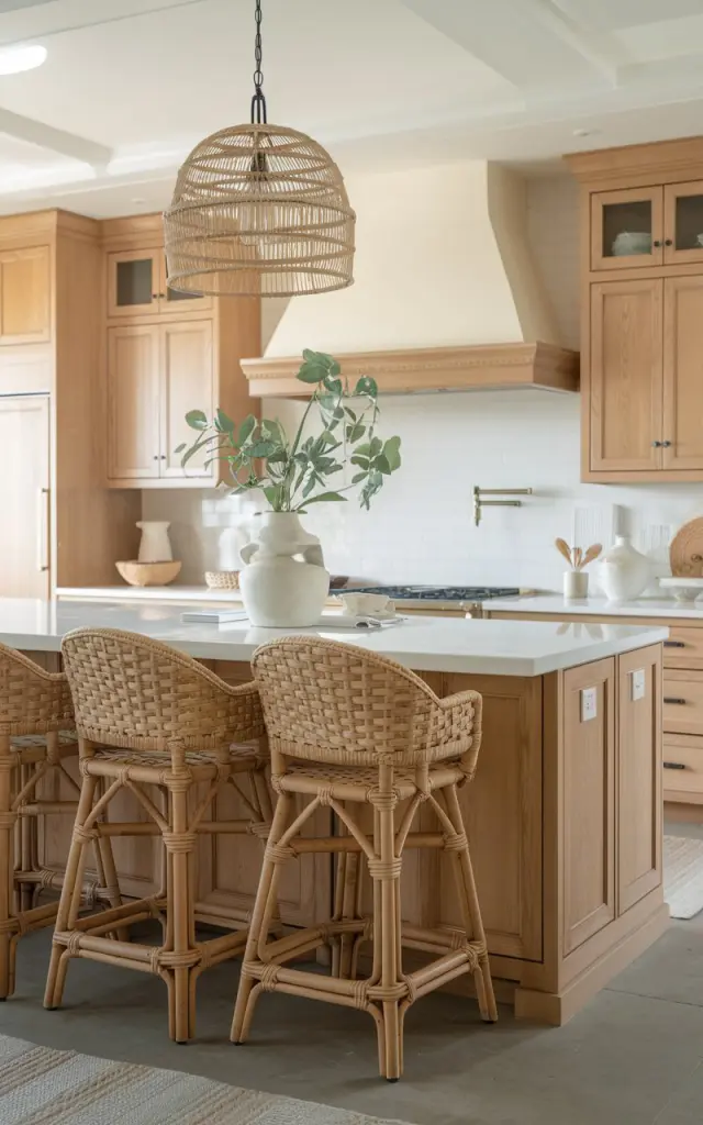 A photo of a coastal chic kitchen with honey oak cabinets and a modern island featuring woven rattan barstools. The kitchen is beautifully lit by a coastal-style pendant light hanging above the island. The soft, ambient natural light illuminates the space.