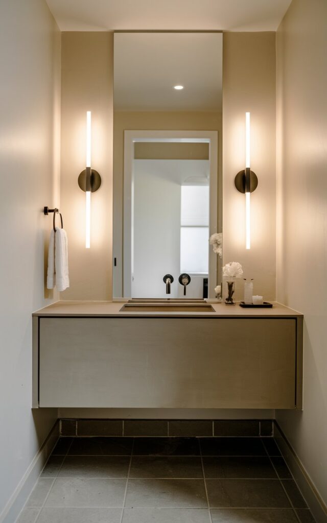 A photo of a contemporary half bathroom with modern wall sconces on both sides of the mirror. The bathroom includes a minimalist floating vanity with a sleek sink, a large mirror above it, and elegant tiles on the floor. Soft lighting from the wall sconce casts a warm glow. The walls are painted in a light neutral color.