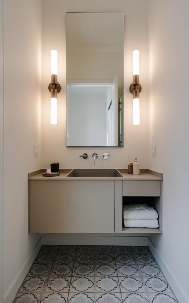 A modern half bathroom with a minimalist floating vanity, a sleek sink, a large mirror above it, and elegant tiles on the floor. There are modern wall sconces on both sides of the mirror, casting a warm glow. The walls are painted in a light neutral color.