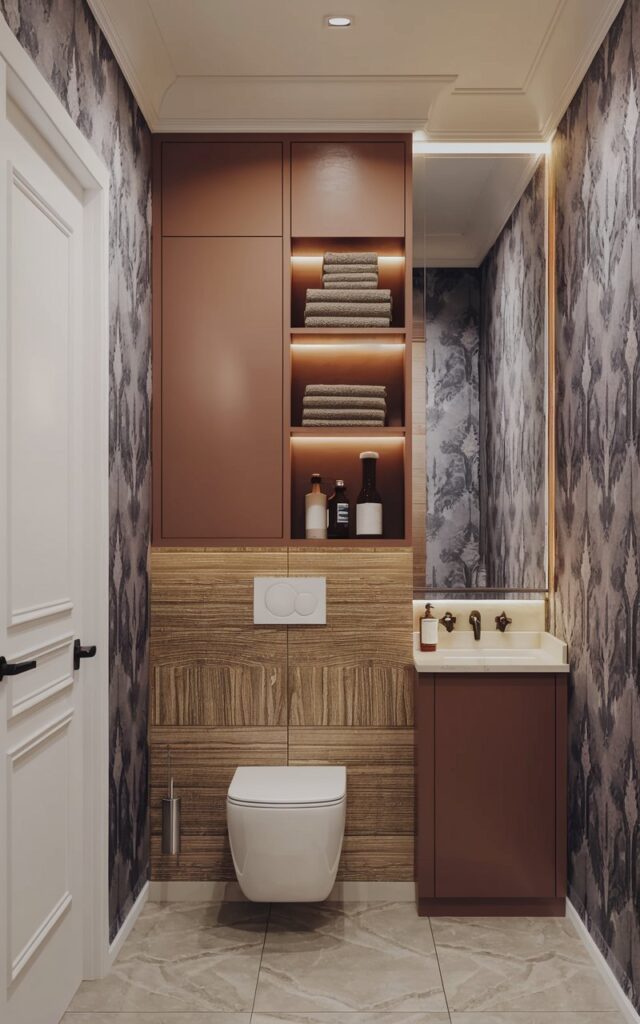 A contemporary stylish half bathroom with a sleek, compact toilet that saves space. Walls have wallpaper. The half bathroom has fully furnished floating shelves and a vanity. There is a recessed ceiling with an in-built LED warm light.