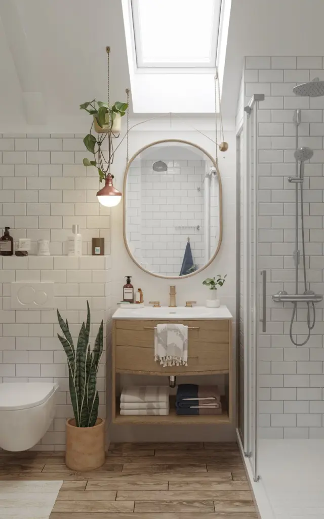 A coastal boho style small bathroom with a suspended vanity and a mirror. The vanity has essential items like a towel, soap, and a candle. The bathroom has other functional elements like a toilet and a shower. There is a potted plant near the vanity. The walls have white tiles and the floor has wooden planks. The lighting is soft and diffused, coming from a skylight and a hanging lamp.