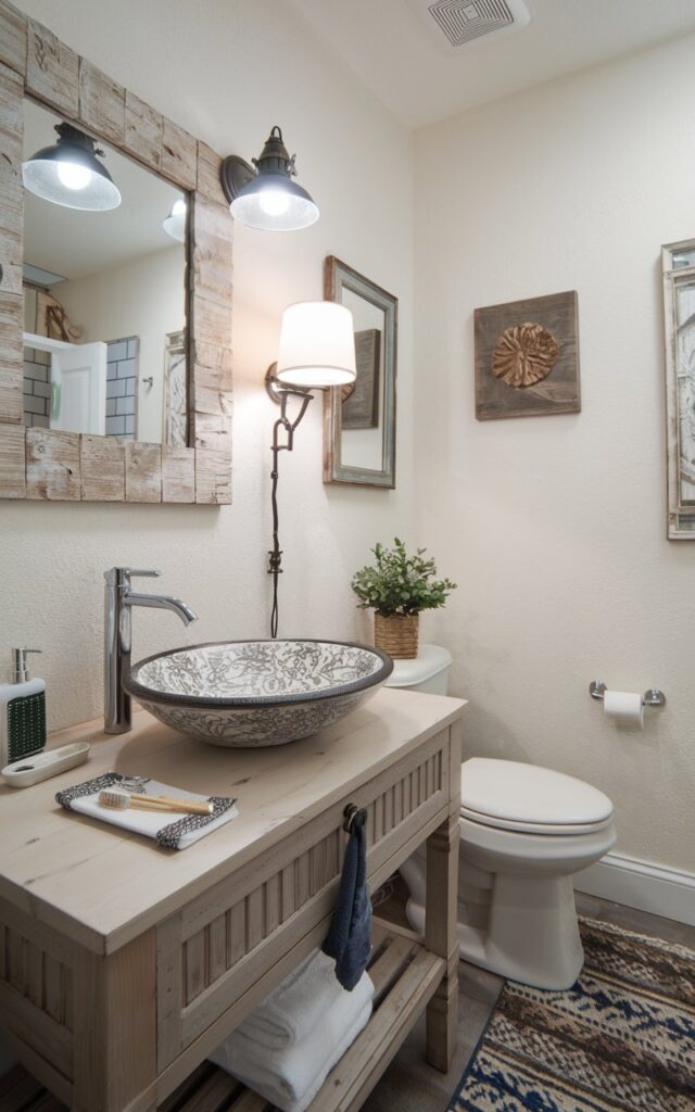 A photo of a half bathroom with a cottagecore chic aesthetic. There is a fancy vessel sink and a sleek faucet on a wooden vanity. The vanity contains essential items such as a soap dispenser, a toothbrush holder, and a small potted plant. The bathroom is fully furnished with a toilet and a floor lamp. The walls are adorned with a rustic mirror and a few decorative items. The floor is covered with a patterned rug.
