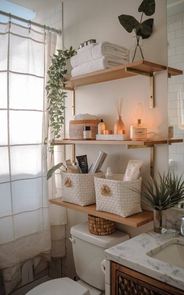 A photo of a modern cottagecore bathroom with an open shelf. The shelf has luxe towels, an oil diffuser, a scented candle, cute baskets with essential skincare and haircare items, faux plants, and a few books. The bathroom has a toilet, a sink, and a shower area. Natural light is filtered through a curtained window. The space looks luxurious and warm.