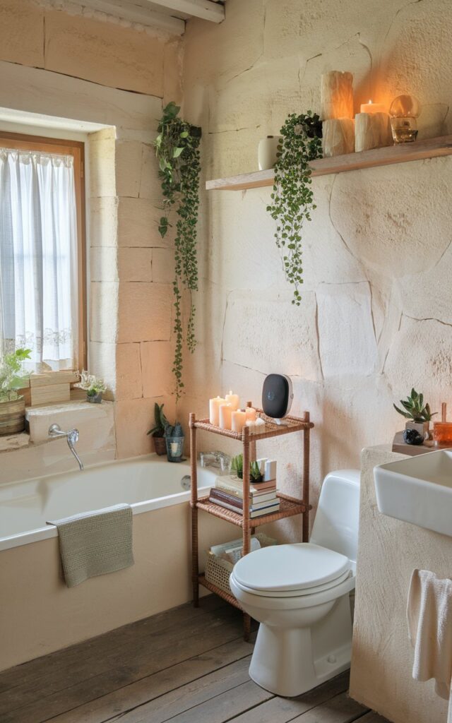 A photo of a rustic style bathroom with a bathtub, toilet, and sink. There is a shelf beside the bathtub with a few books, a mini speaker, and candles. The bathroom has a window with curtains and is decorated with plants. The walls are made of stone and have visible cracks. The floor is made of wooden planks. The overall space is relaxing and soothing.
