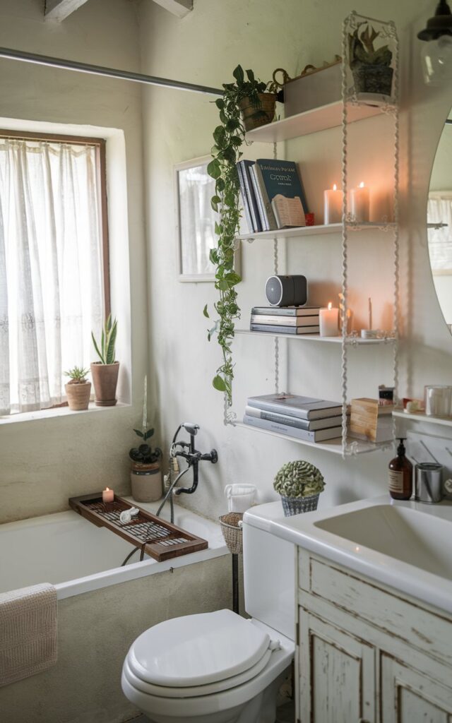 A photo of a rustic style bathroom with a bathtub, toilet, and sink. There is a shelf beside the bathtub with a few books, a mini speaker, and candles. The bathroom has a window with curtains and is decorated with a few plants. The overall space is relaxing and soothing.