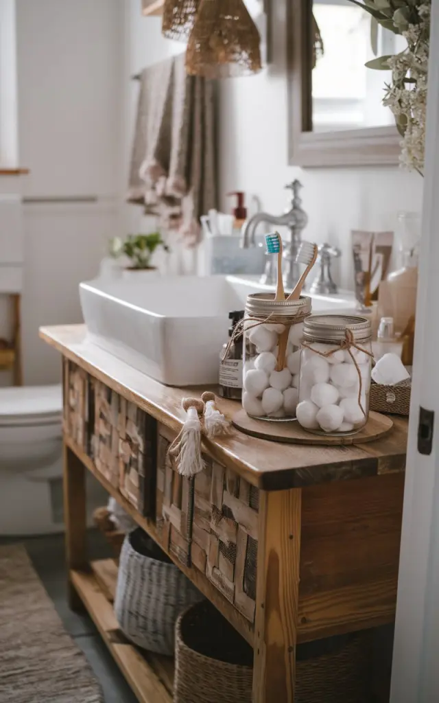 A photo of a boho chic bathroom with a wooden vanity and sink. There are a few mason jars with twines on the vanity, holding toothbrushes, cotton balls, and other toiletries. The vanity also contains other essential items. The bathroom has a toilet, a rug, and other elements. The overall ambiance is rustic and cozy.