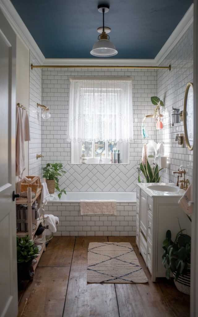A photo of a farmhouse-style bathroom with a classic white subway tile in a herringbone pattern and gold grout lines. The bathroom has a contrasting color ceiling with a pendant light, a wood panelled floor with a rug, a lace curtained window that filters natural light, and all essential accessories. There are also some plants in the bathroom.