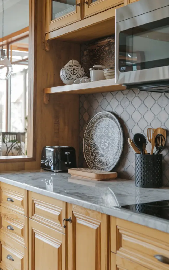 A photo of a farmhouse-style honey oak kitchen with a marble countertop. There is a black toaster, a stainless steel microwave, a decorative tray or fruit bowl, and a charcoal utensil holder. There is also a wooden cutting board. The backsplash has a geometric shape in a dark tone. The kitchen has natural light.