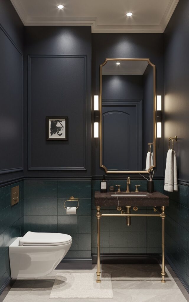 A fully furnished and decorated powder bathroom with a Bauhaus and chic design. The walls have a dark and moody navy, charcoal, and deep green tone. There is a small framed wall art. The room is furnished with a gold and brass accent sink, a gold and brass accent mirror, and a gold and brass accent towel rack. There is also a white toilet and a white bathmat. The floor is made of light grey tiles.