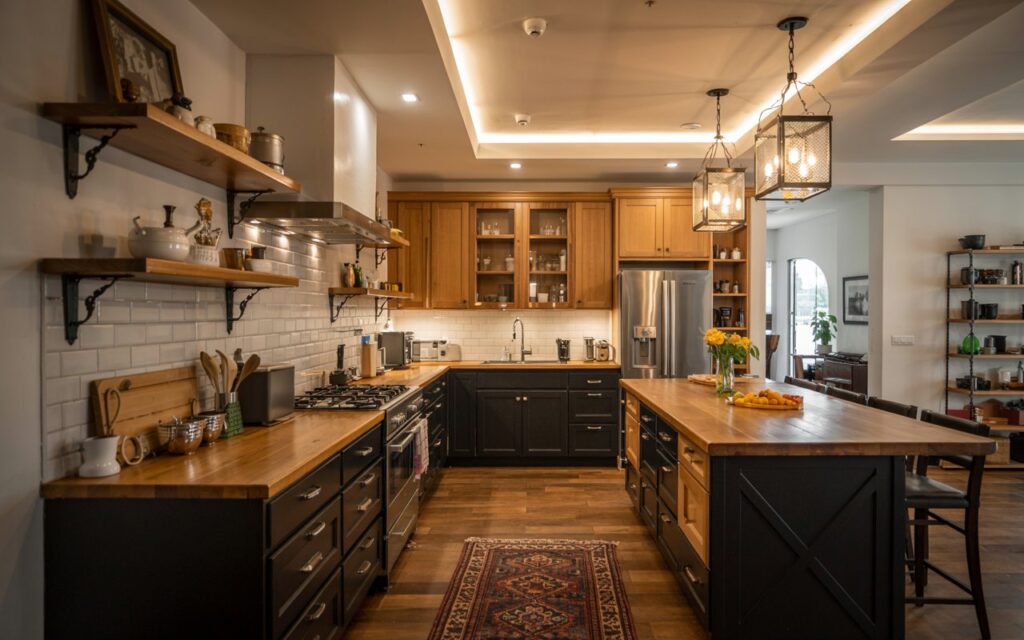 A photograph of a modern kitchen with black and wood cabinets, featuring a few wooden shelves with black brackets and a complementing backsplash. The kitchen includes a black stylish island with a butcherblock countertop fully furnished with essentials. Lantern-style metallic pendant lights hang over the island, and the recessed ceiling with LED lights and a soft, filtered natural light enhances the open plan design. A cozy rug adds warmth to the polished wooden floor.
