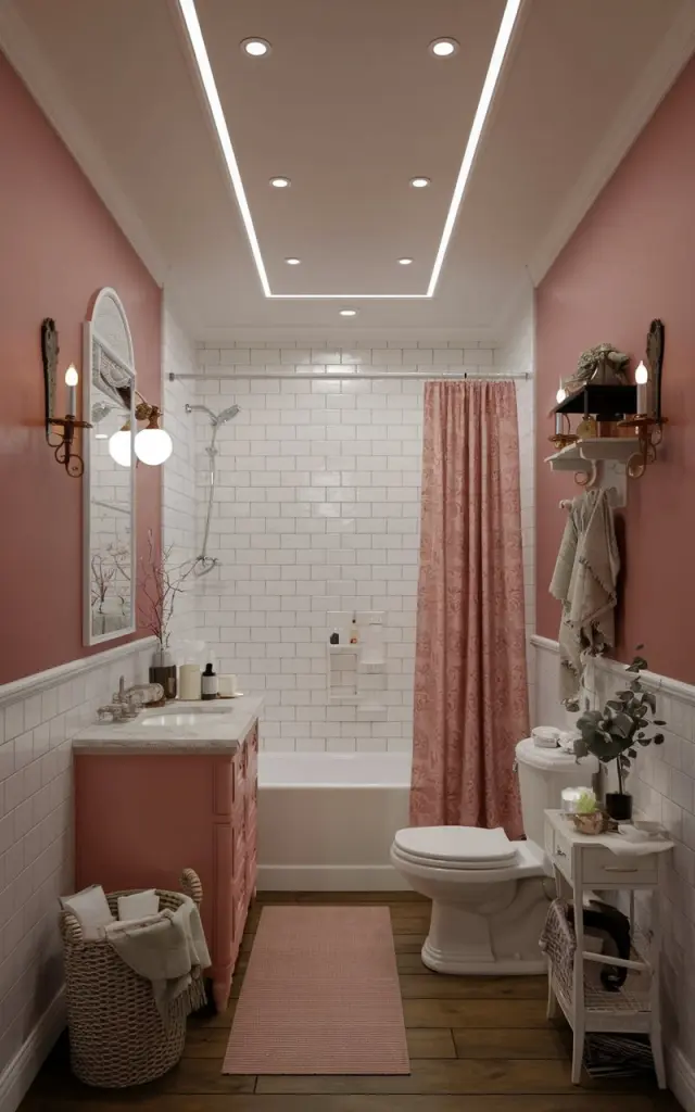 A photo of a small bathroom with a shabby chic style. The bathroom has a monochrome tone with warm pink and white colors. The room is fully furnished with a vanity, a toilet, and a bathtub. The ceiling has in-built LED lights. The room is well-decorated with vintage items such as a basket, a candle, and a plant. The floor is made of wood. There is no natural light in the bathroom.
