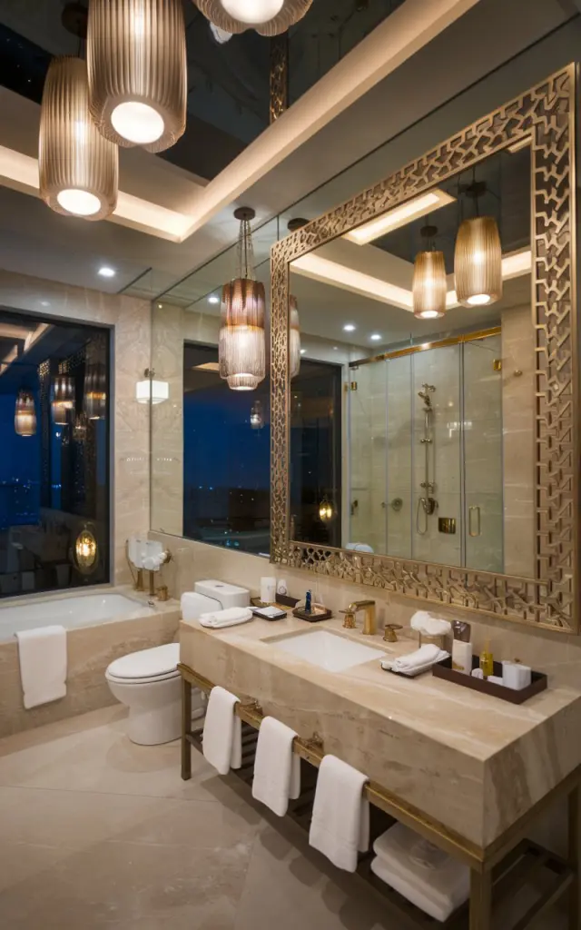 A photo of a luxurious, spacious bathroom at night. The room features a large rectangle mirror with a gold detailed frame. There is a separate bathtub, shower area, and toilet. The counter is furnished with essentials. The ceiling has luxe pendant lights. The room has a glamorous atmosphere.