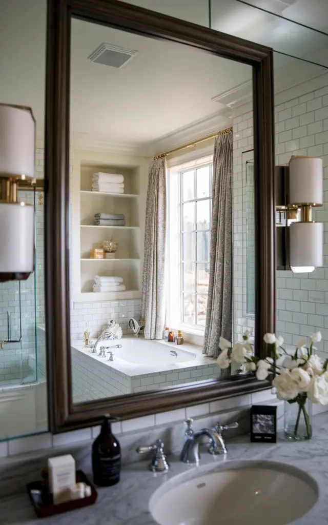 A photo of a glam bathroom with a dark wood mirror frame. The vanity has a luxe touch with essential items. The bathroom has a bathtub, shelves, a window with curtains, and a sink. There are 2-3 wall scones. The natural lighting is soft and ambient. The photo shows the full view of the bathroom.