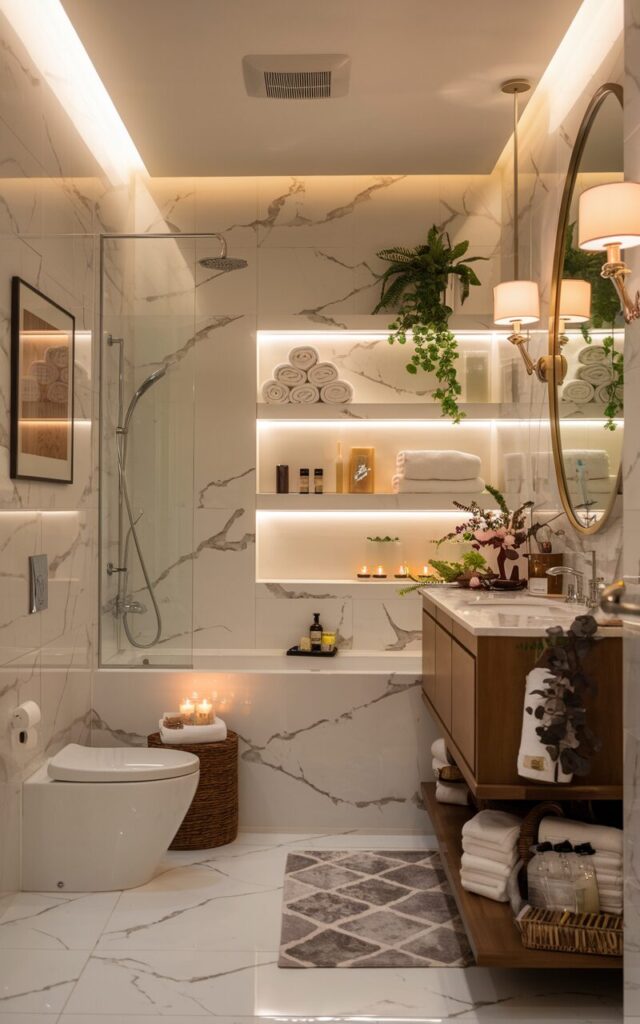A Hollywood glam + chic bathroom with large-format marble-look porcelain wall tiles. The space has a spa-vibe with fancy towels rolled in shelves, scented candles, a statement mirror, plants, and a relaxing bench near the bath area. The bathroom also has a toilet and vanity. Warm, soft lighting from scones.