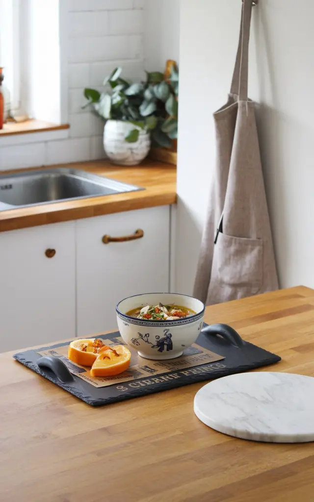 A photo of a modern kitchen with a honey oak countertop. On the countertop, there is a vintage-print slate serving tray with a ceramic soup bowl and food. Next to the tray, there is a round white marble cutting board. Hanging on a hook near the sink is a gray linen apron. There is also a plant on the countertop. The kitchen is clean and organized.