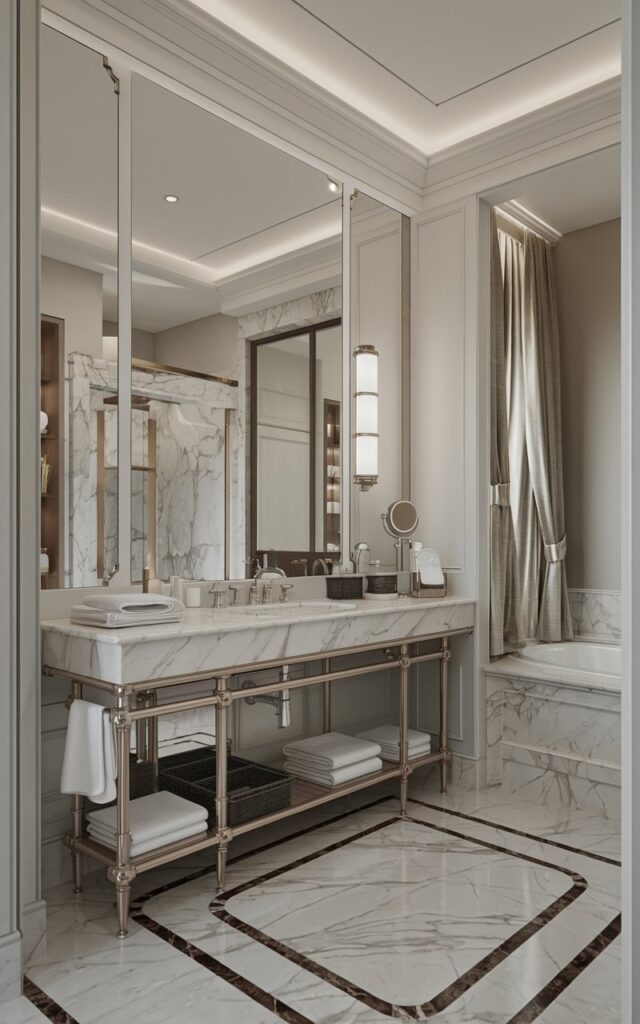A high-end, traditional half bathroom with a marble countertop vanity. The vanity has essentials such as a sink, mirror, and storage. The room has a minimalistic decor with a marble floor and quartz finish. The walls and ceiling are contrasting in color. There is a curtained window and soft lighting. The bathroom is fully furnished.