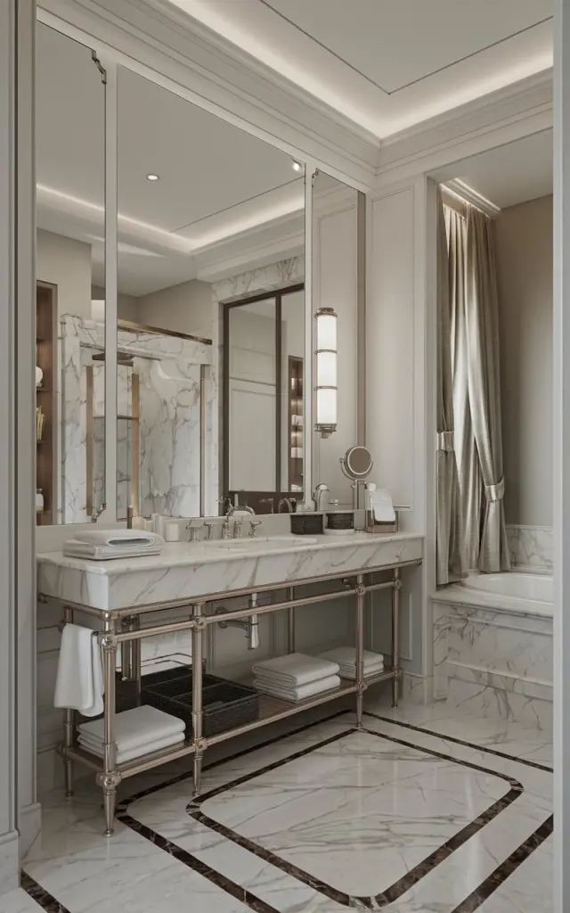 A high-end, traditional half bathroom with a marble countertop vanity. The vanity has essentials such as a sink, mirror, and storage. The room has a minimalistic decor with a marble floor and quartz finish. The walls and ceiling are contrasting in color. There is a curtained window and soft lighting. The bathroom is fully furnished.