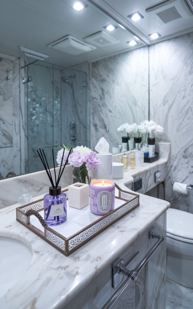 A photo of a marble bathroom countertop with a decorative tray. The tray contains a lavender reed diffuser, a scented candle, a flower vase, and a tissue holder. The countertop has other skincare and haircare essentials. There is a sink, dim lights, and a toilet in the bathroom. The bathroom is fully furnished with ventilation.