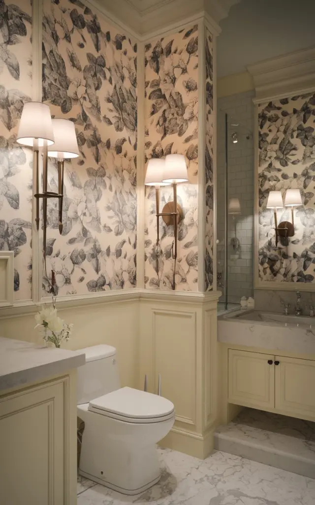 A mid-shot photo of a maximalist style bathroom at night. The walls have a mild floral wallpaper. There are modern wall sconces with white shades lighting up the space. The bathroom contains a toilet, a sink, a vanity, and a shower area.