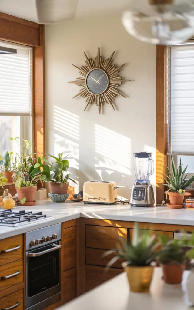 A photo of a mid-century modern kitchen with honey oak accents. There is a Sunburst Clock on the wall. The kitchen countertop is fully furnished with a toaster, a blender, and a few potted plants. The room is bathed in soft, ambient light.