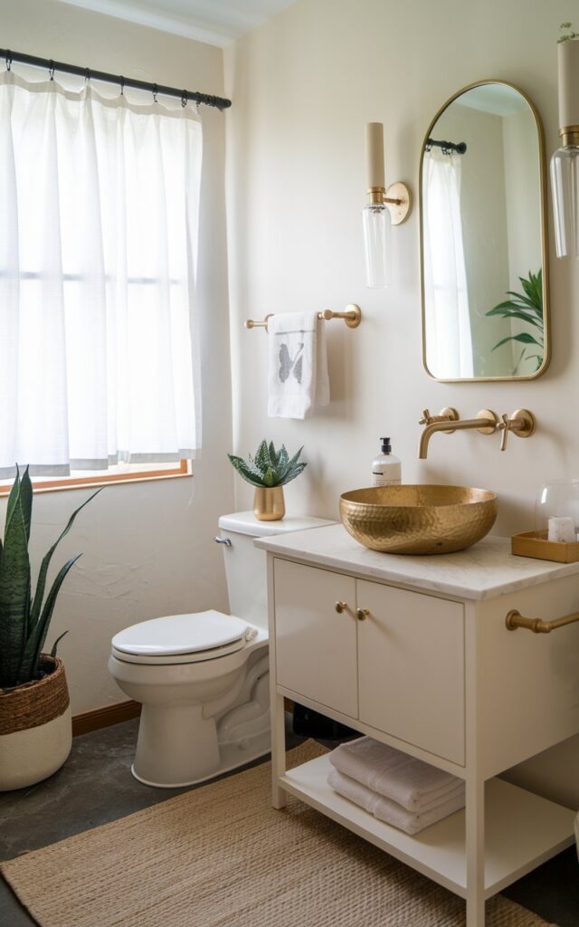 A photo of a half bathroom with a modern Alpine chic style. The room has a white toilet and a white vanity with a gold and brass sink. The wall-mounted faucet, towel bar, and mirror also have gold and brass accents. The floor is covered with a beige rug. There is a potted plant near the vanity. The room has a window with a white curtain.