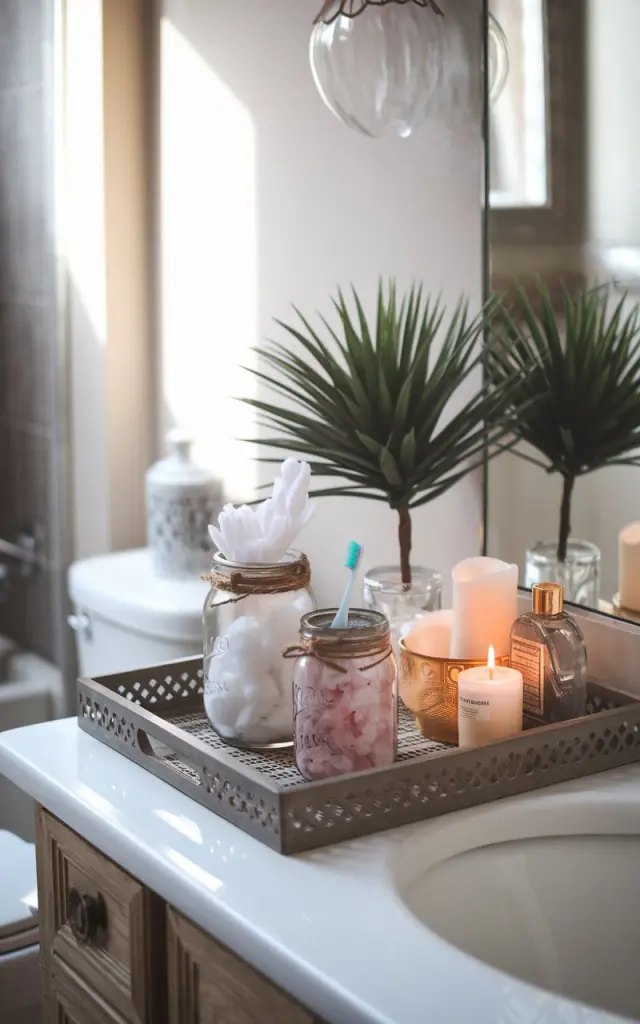 A photo of a modern Boho style bathroom with a vanity having twined mason glass jars (containing cotton pads, crystal bath salts, and a toothbrush), a faux plant, a decorative tray with candles, a scent bottle, and other essential items. The bathroom has functional elements, including a toilet and a bathtub. Natural light is soft and ambient throughout the room.