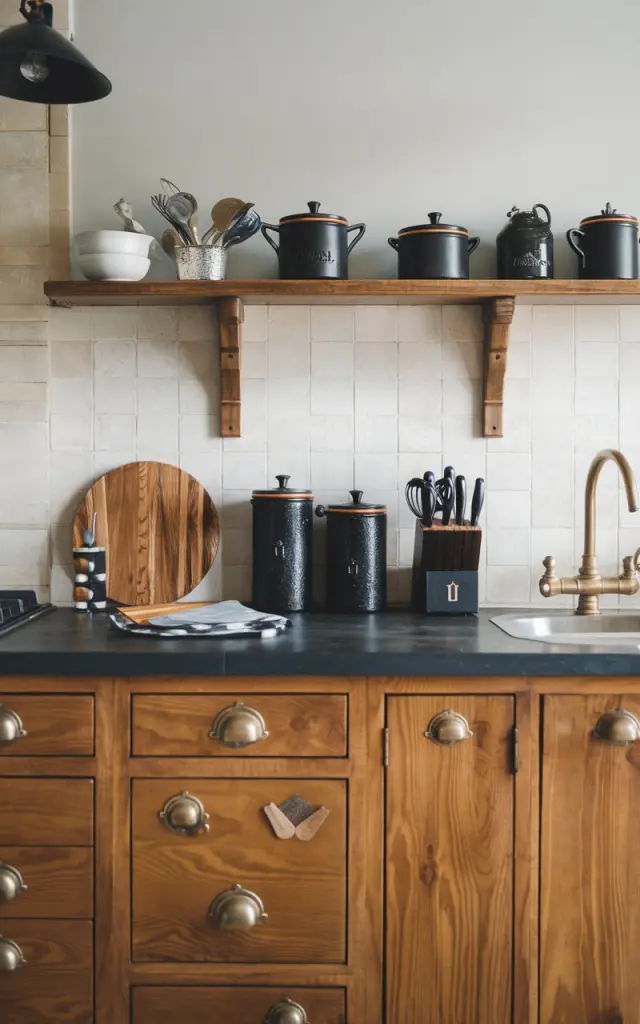 A photo of a modern Gustavian-style kitchen with a few honey oak cabinets and brass vintage pulls. The counter has black or charcoal accents, including canisters, a utensil holder, and a knife block. The backsplash is unique. The kitchen has natural light, which is filtered.