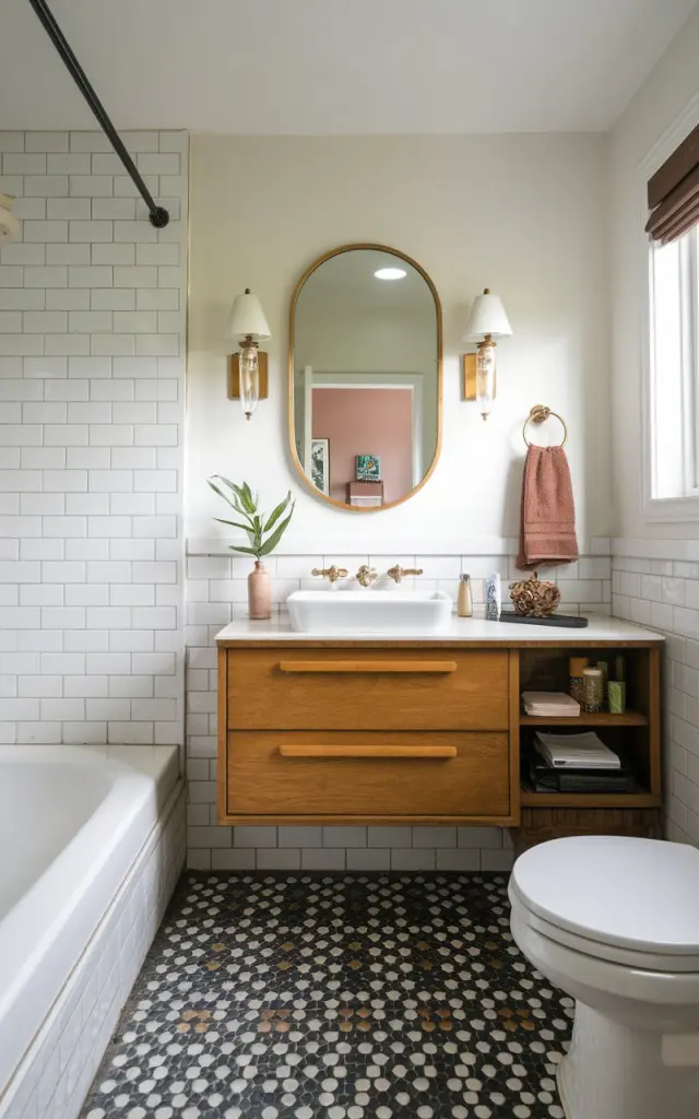 A modern Mid-century modern bathroom that has patterned tile floor. The bathroom has a toilet, showere area, wooden cabinet with a mirror and wall scones. The space looks clutter-free.