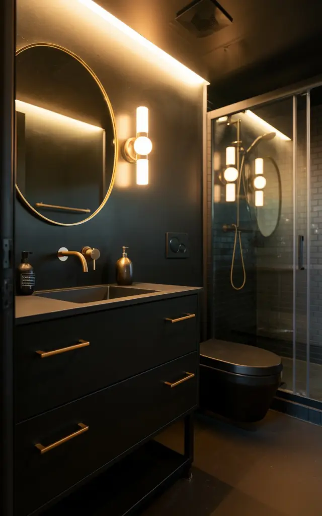 A photo of a modern black bathroom with a matte black vanity, gold pulls, a brass soap dispenser, and a gold-framed mirror. The bathroom has functional elements, including a sink, a toilet, and a shower. The lighting is warm and soft, with a golden hue. The floor is made of black tiles.